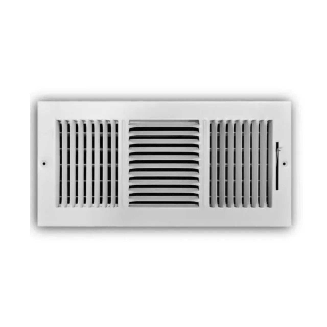 The Go Build 14 in. x 6 in. 3-Way Steel Wall/Ceiling Register in white features horizontal center slats and vertical side slats for optimal airflow control, perfect for wall or ceiling installation.